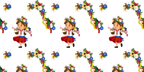 Seamless pattern of girl in ukrainian traditional dresses and wreath headdress