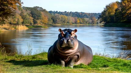 Obraz premium A Hippopotamus Resting by a Riverbank
