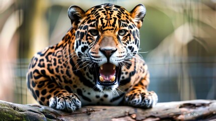 Obraz premium A Close-Up of a Roaring Jaguar on a Tree Trunk