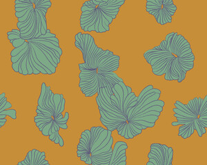 Vintage Aloha seamless floral brush line art background pattern, tropical colorful blossom in yellow and green, illustration for textile and wrapping paper