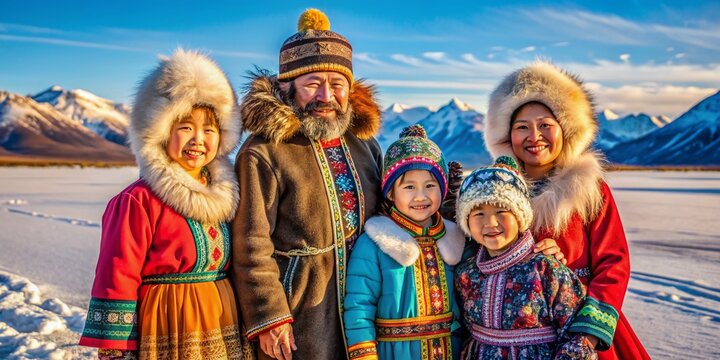 Colorful traditional clothing adorns smiling faces of a close-knit family, proudly posing together amidst a serene Arctic landscape in Alaska's winter wonderland.