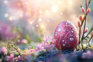 Abstract Fantasy Easter egg and spring flowers on bokeh background. Happy Easter with generative ai