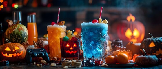 Spooky Video Game Themed Halloween Party with Festive Drinks Snacks and Still Life Photography of Pumpkins Candies