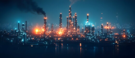 Fototapeta premium Detailed view of an illuminated petrochemical refining and purification facility skyline at night with industrial structures tanks and pipes reflecting in the water
