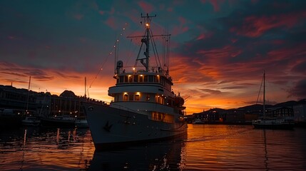 Fototapeta premium A Boat Docked at Sunset with a Pink and Orange Sky
