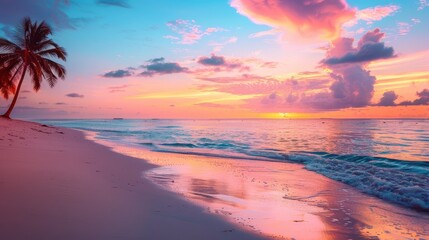 Fototapeta premium Tropical sea beach colorful sky sand sunset light. Relaxation landscape, horizon with palm trees and calm sea. Romantic couple seaside beach, shore coast nature. Gorgeous landscape, stunning sky , ai