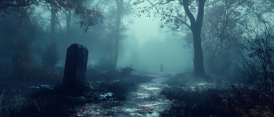 Fototapeta premium Haunted Forest in a Video Game with Halloween Themed Challenges and Treacherous Traps Photography Concept with Copy Space for Text
