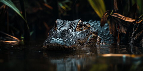 Fototapeta premium A portrait of a caiman hiding in the bushes of a beautiful jungle background during the day time closeup shot and sharp colors