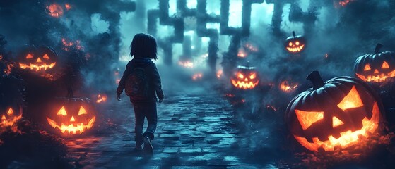 Obraz premium Haunting Image of a Video Game Character Battling Halloween themed Monsters in a Spooky Fog Shrouded Maze Photography Concept with Copy Space for Text