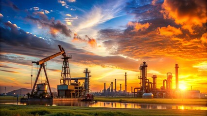 Obraz premium Oil pump and oil refining factory at sunset, representing an energy industrial concept. Selective focus, Oil, pump