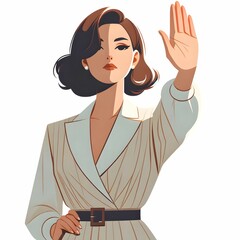 フラットなイラストスタイルで描かれた女性のポートレートです。女性は肩までの短い髪型で、ベルト付きのワンピースを着用しています。彼女は手を前に上げ、まるで「ストップ」を示すようなジェスチャーをしています。表情は真剣で、自信に満ちた印象を与えています。全体的にシンプルで力強いデザインが特徴です。