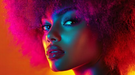 Fototapeta premium A captivating portrait featuring a woman with vibrant hair and striking makeup, illuminated by colorful lighting.