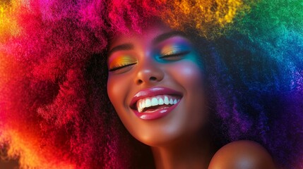 A vibrant portrait of a smiling woman with colorful hair, showcasing joy and beauty in a stunning artistic display.