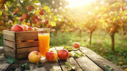 Apple Crate And Glass Of Juice On Wooden Table With Sunny Orchard Background - Autumn / Harvest Concept with generative ai