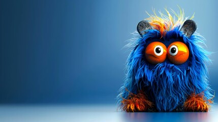Fototapeta premium Blue Furry Creature with Orange Eyes and Hair