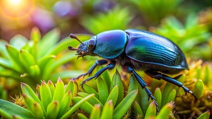 Fototapeta premium Dung beetle crawling on a vibrant green plant in the wild, insect, wildlife, nature, beetle, green, plant, outdoor