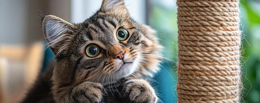 Cat being trained to use a scratching post instead of furniture, feline behavior, positive reinforcement