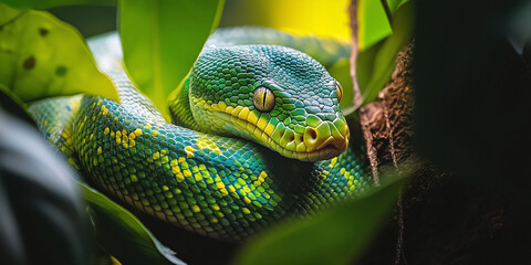A portrait of an emerald tree boa hiding in the bushes of a beautiful  jungle background during the day time closeup shot and sharp colors