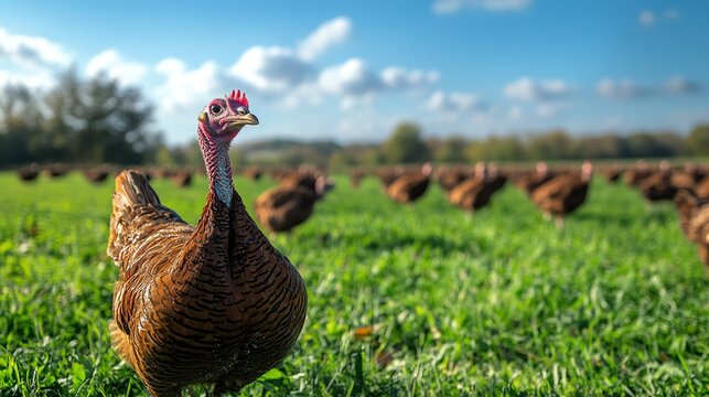 Freerange turkeys in an open field, turkey farming, sustainable poultry farming