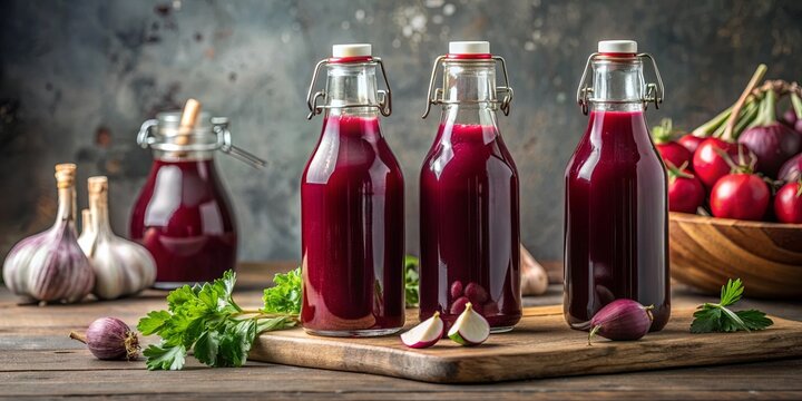 Fermented red beet kvass in bottles with garlic, kvass, red beets, fermentation, probiotic