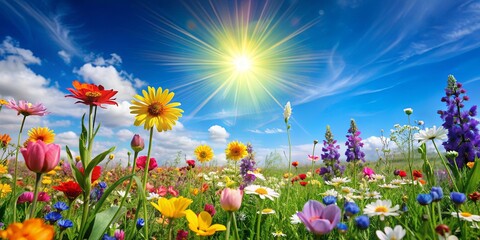 Spring meadow with colorful flowers against sunny blue sky, spring, meadow, flowers, colorful, sunny, blue sky, nature