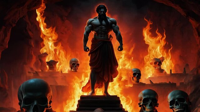 A powerful figure stands amidst flames and skulls in a mystical underworld setting