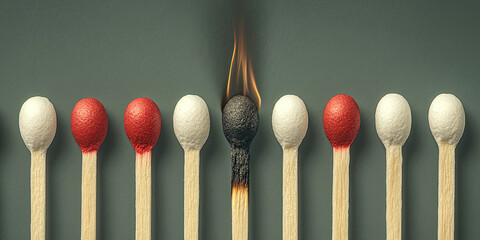 A set of five different-colored matches arranged in order from red to white, with a black match head on one end and a wooden stick at the other. Created with Ai