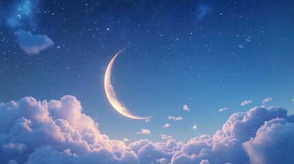 Fototapeta premium Banner Of Bright Glowing Crescent Moon Above Fluffy Clouds With Starry Sky Background with generative ai