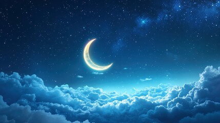 Fototapeta premium Banner Of Bright Glowing Crescent Moon Above Fluffy Clouds With Starry Sky Background with generative ai