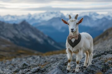 Obraz premium Dapper Goat: A goat in a bow tie and vest, standing on a rocky mountain path.