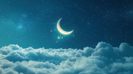 Banner Of Bright Glowing Crescent Moon Above Fluffy Clouds With Starry Sky Background with generative ai
