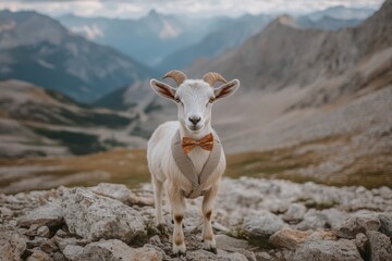 Obraz premium Dapper Goat: A goat in a bow tie and vest, standing on a rocky mountain path.
