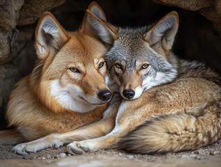 Obraz premium Purebred dog and coyote curled up together in a cozy den, crossspecies bond, wild buddy comfort