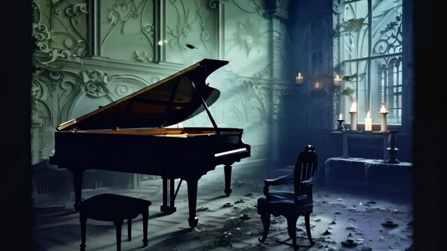 Eerie piano performance in an abandoned mansion showcasing haunting melodies and atmospheric lighting at night