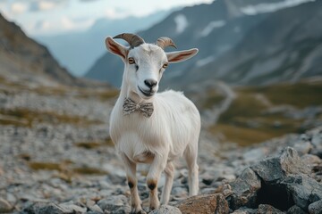 Fototapeta premium Dapper Goat: A goat in a bow tie and vest, standing on a rocky mountain path.