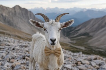 Fototapeta premium Dapper Goat: A goat in a bow tie and vest, standing on a rocky mountain path.