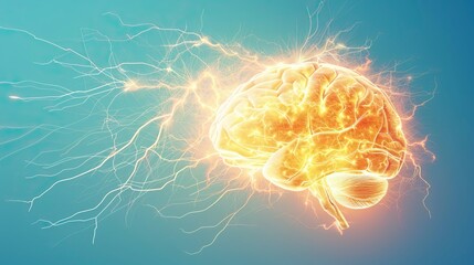 Human brain digital illustration. Electrical activity, flashes and lightning on a blue background