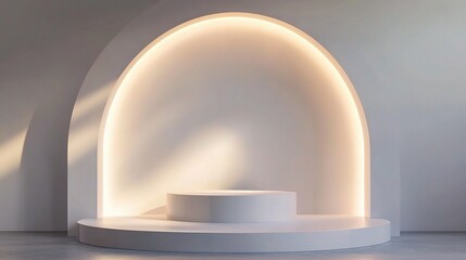 Minimalist Product Display:  A sleek, modern, white podium illuminated by warm light. 