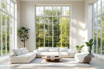 A stunning high-resolution photo of a white luxury living room interior designed with minimalist aesthetics A spacious seating area with a white couch and matching armchairs is arranged around a