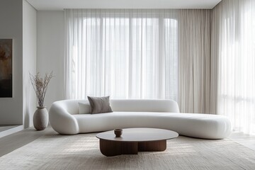 A high-resolution image of a white luxury living room mockup with a minimalist aesthetic The room is furnished with a plush white sofa a low modern coffee table and a few select decorative pieces