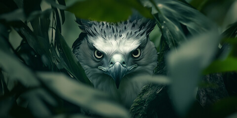 A portrait of a harpy eagle hiding in the bushes of a beautiful  jungle background during the day time closeup shot and sharp colors