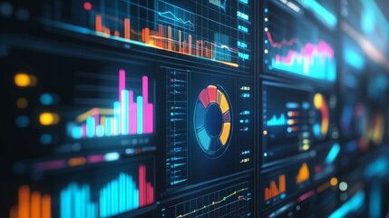 Naklejka premium Vibrant data visualization with graphs and charts displaying analytical insights and trends in a modern digital interface.