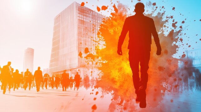 Watercolor Illustration of Fire Safety Drill in Office Building for Risk and Safety Management Concept.