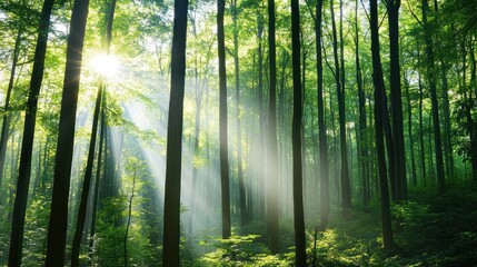 Fototapeta premium Sunbeams Through Forest Canopy