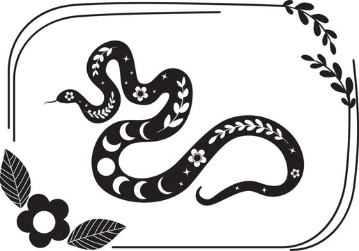 recommend clip art: Boho frame with decorative floral snake in retro style. Abstract black serpent silhouette with floral elements inside.