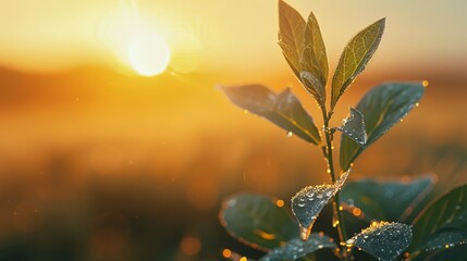  A tight shot of a plant dotted with water beads Sun sets in the background, distant and orange