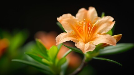  A tight shot of an orange blossom against a backdrop of green foliage, set against a black background