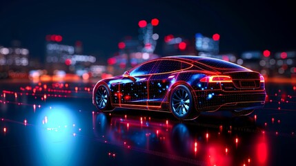 Futuristic Car Rendered in Neon Lights Against City Lights