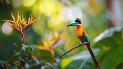  A vibrant bird perches on a tree branch beside a lush green-yellow plant, adorned with numerous leaves