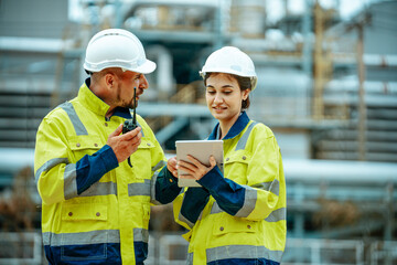 Two engineer working Industry in oil refinery equipment Check and check the condition of the machinery system , Engineering concept.
